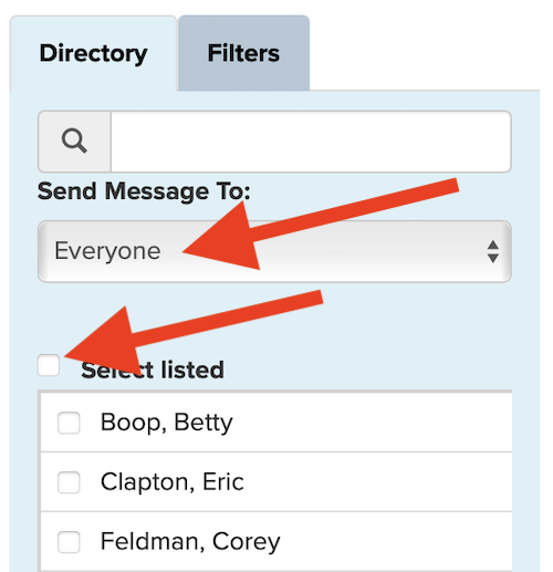 Arrows pointing to the Send Message To dropdown and Select Listed checkbox