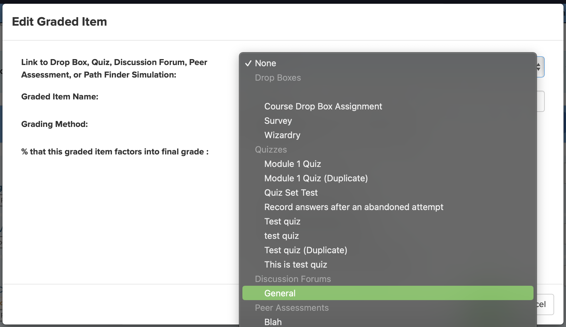 Screenshot of the dropdown menu for linking to Discussion Forum, with the General category currently highlighted