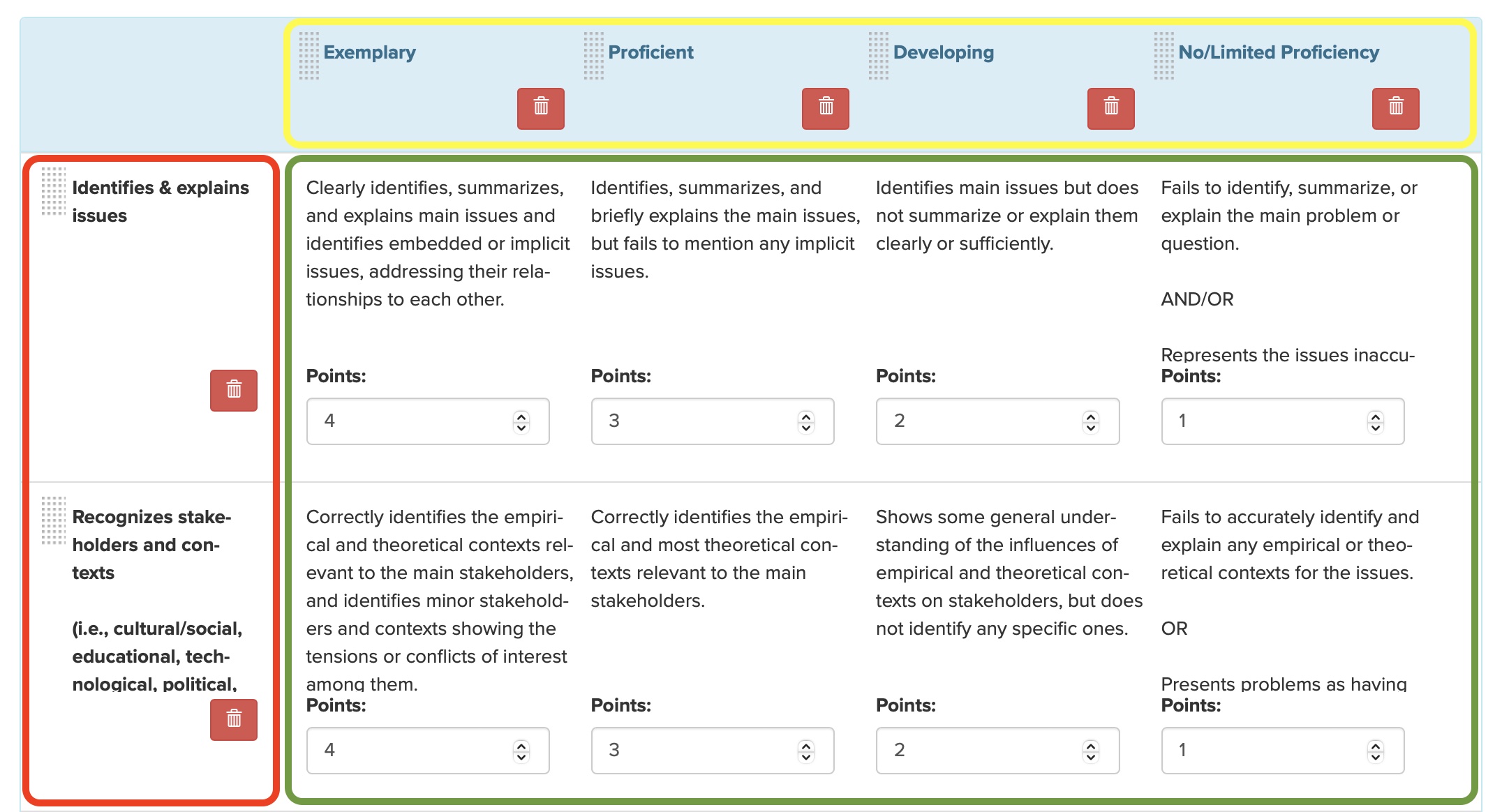 Screenshot of rubric editor inside Gradebook with areas circled in different colors