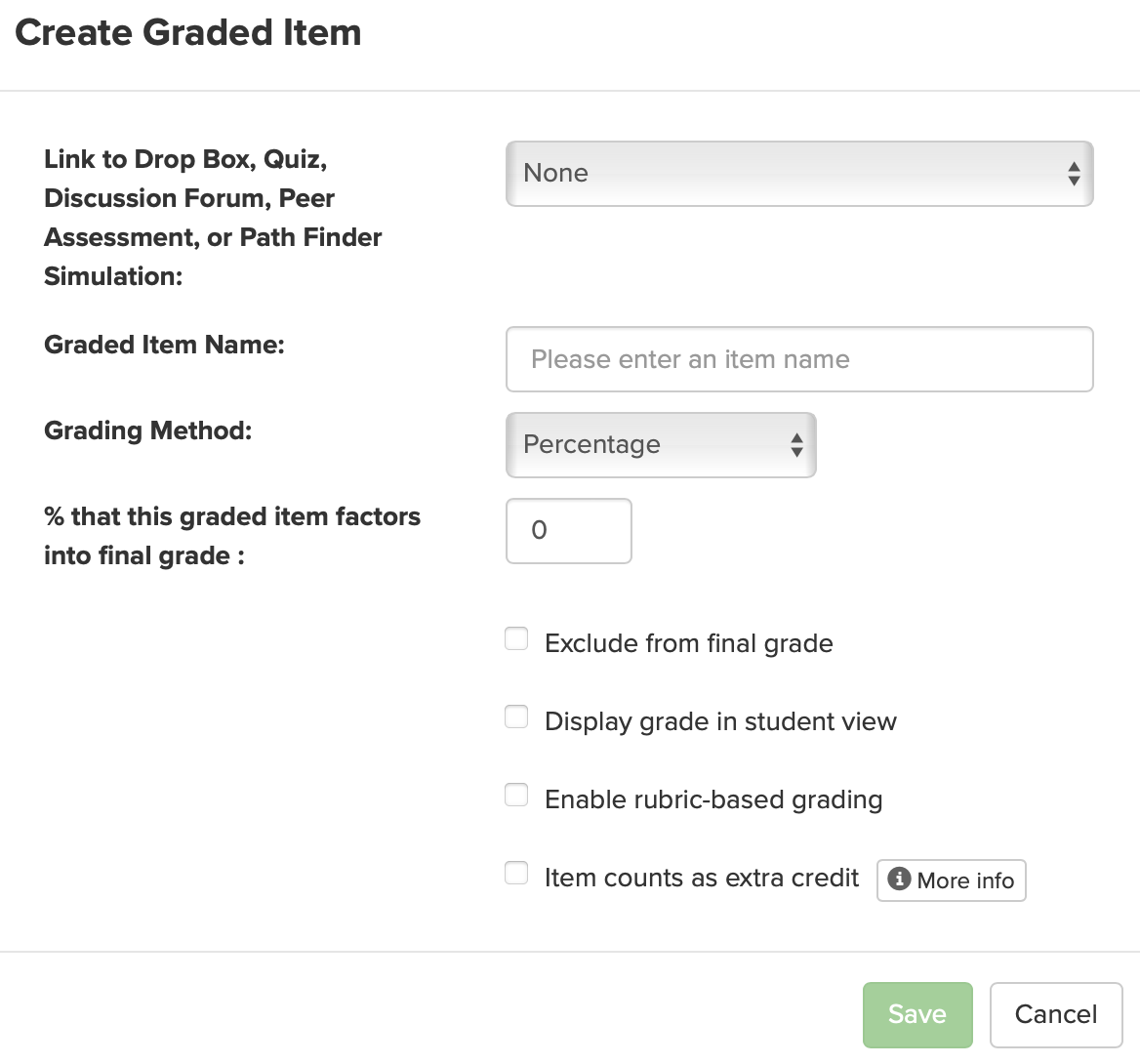 Screenshot of the window for creating a graded item