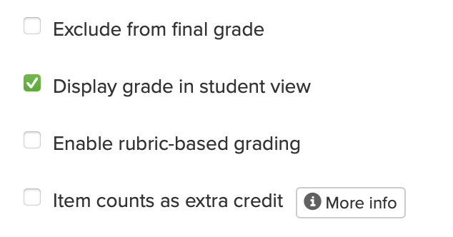 Screenshot of checkboxes in Edit view of a graded item, with Display grade in student view checked