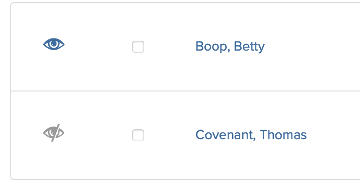Screenshot of 2 students in Enter Grades view, one with blue eye icon and another with gray eye icon