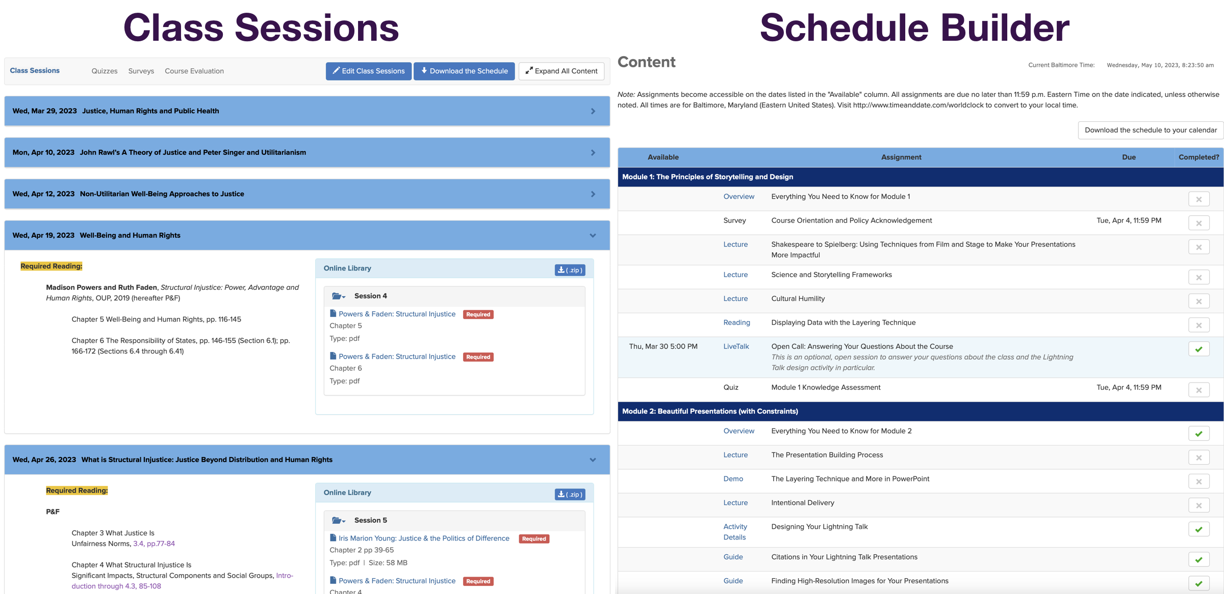 Side-by-side images showing the different looks between Class Sessions and Schedule Builder
