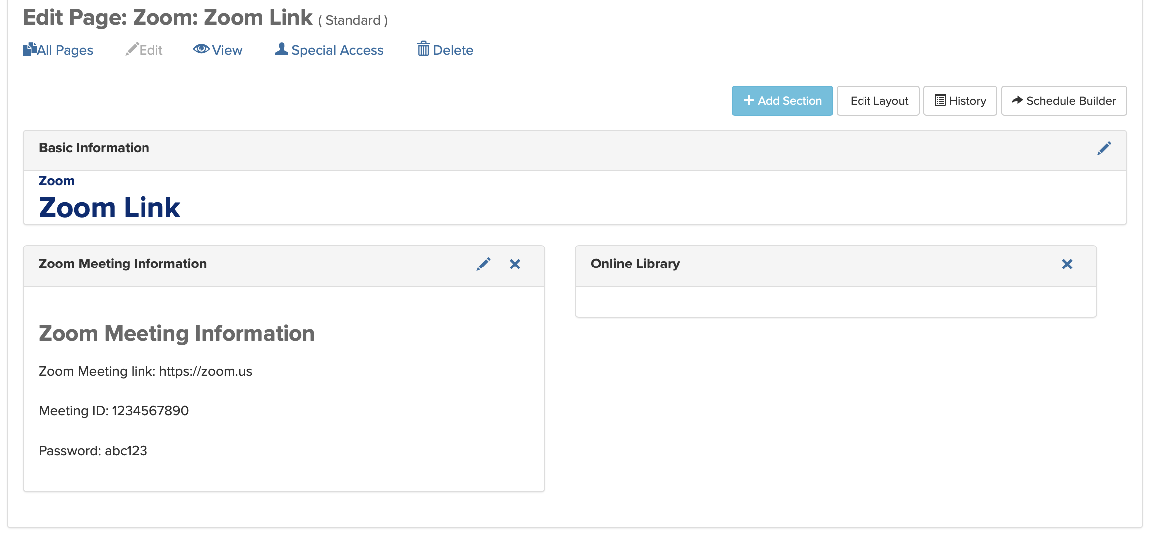 Screenshot showing overview of Page Builder page after a section has been added