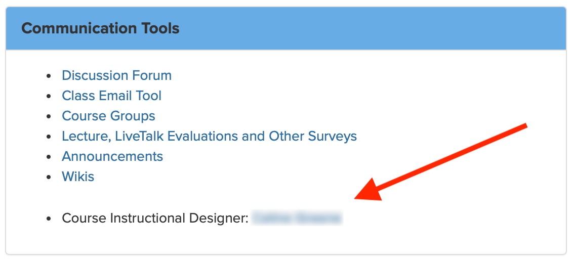 Screenshot of the Communication Tools box, with arrow pointing to the instructional designer link