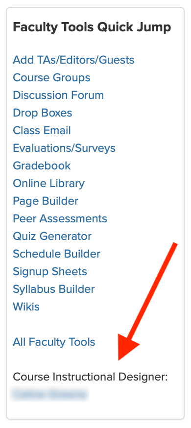 Screenshot of the Faculty Tools Quick Jump box, with arrow pointing to the instructional designer link