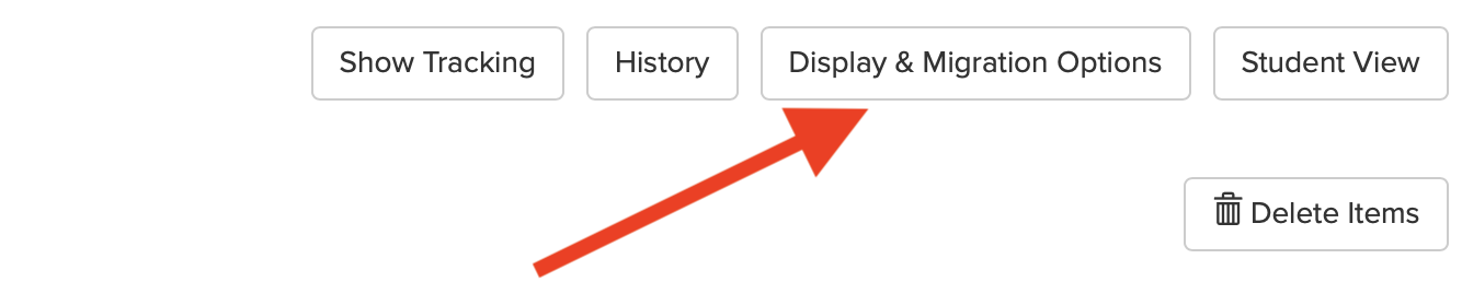 Screenshot with arrow pointing to Display and Migration Options button