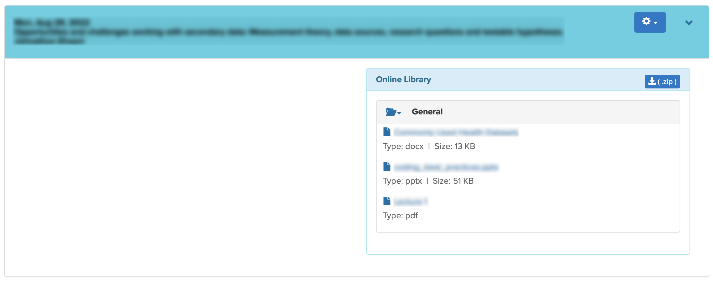 Screenshot of class session block, showing the Online Library materials