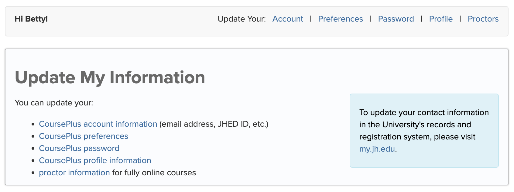 Screenshot of the CoursePlus profile landing page