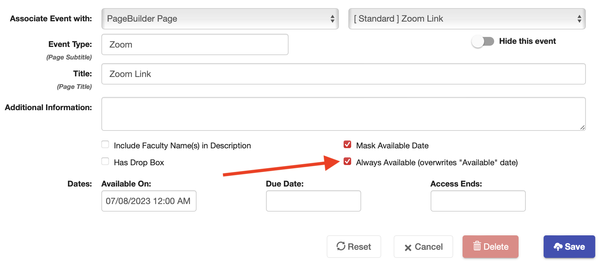 Screenshot with arrow pointing to the Always Available checkbox in the event settings