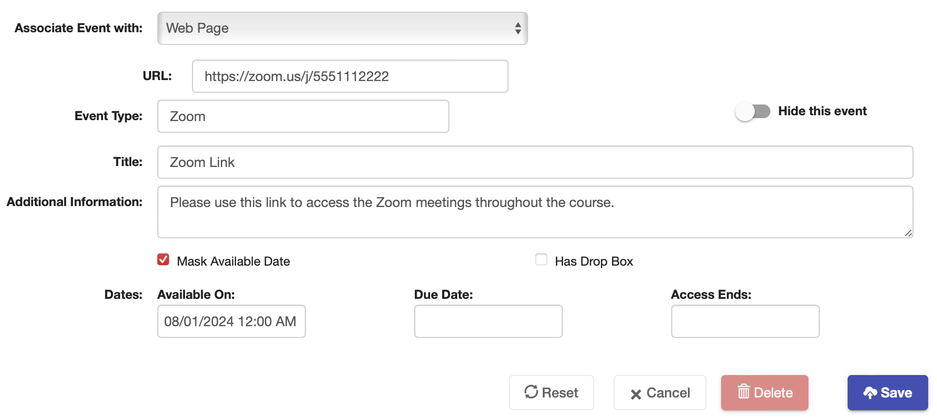 Screenshot showing possible settings for a Zoom link event in Schedule Builder