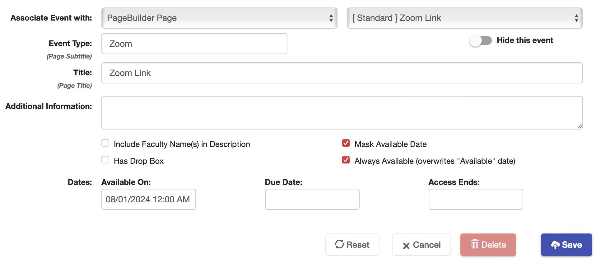 Screenshot of settings for a Schedule Builder event