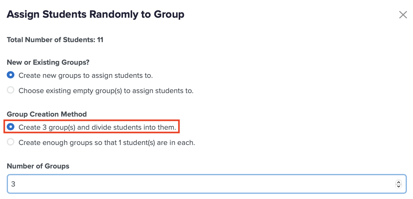 Screenshot highlighting the first Group Creation Method option, with 3 entered for the Number of Groups