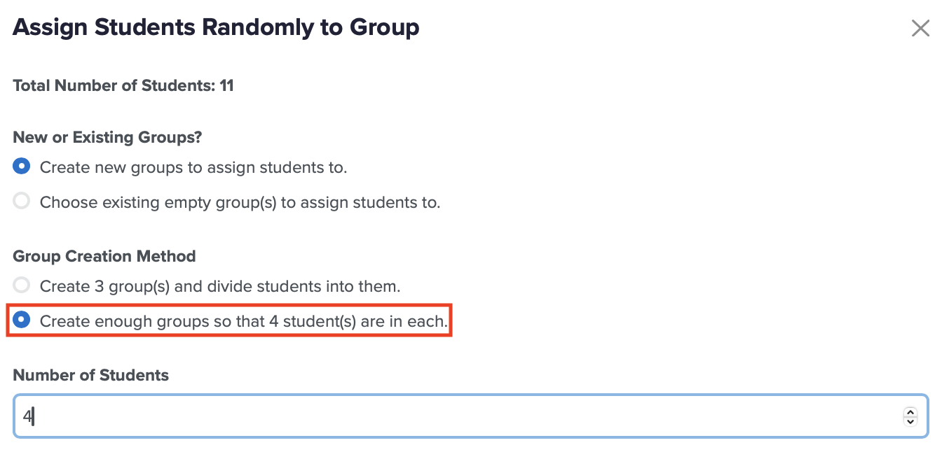 Screenshot highlighting the second Group Creation Method option, with 4 entered for the Number of Students
