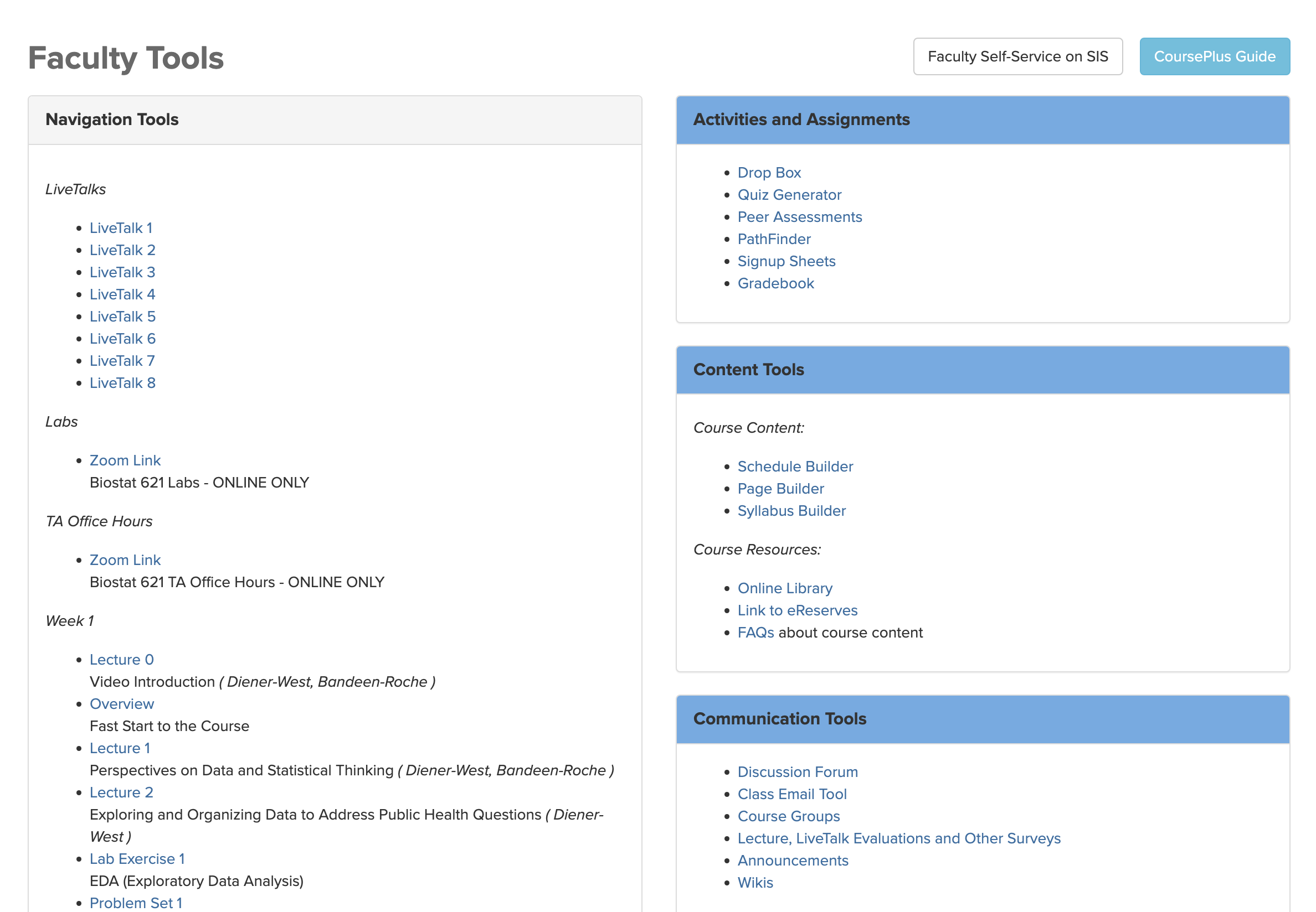 Screenshot of Faculty Tools page for fully online courses