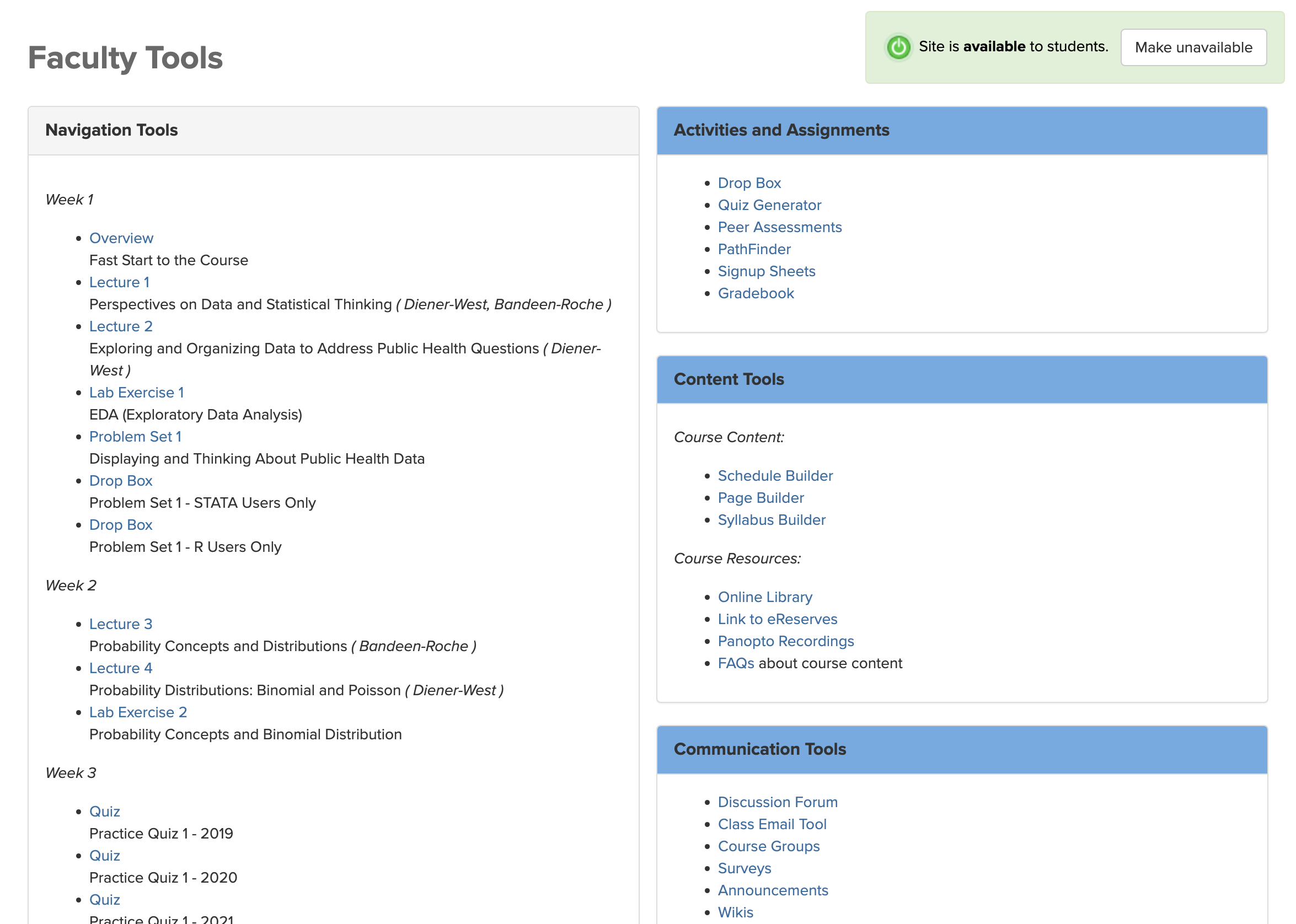Screenshot of Faculty Tools page for on-campus courses