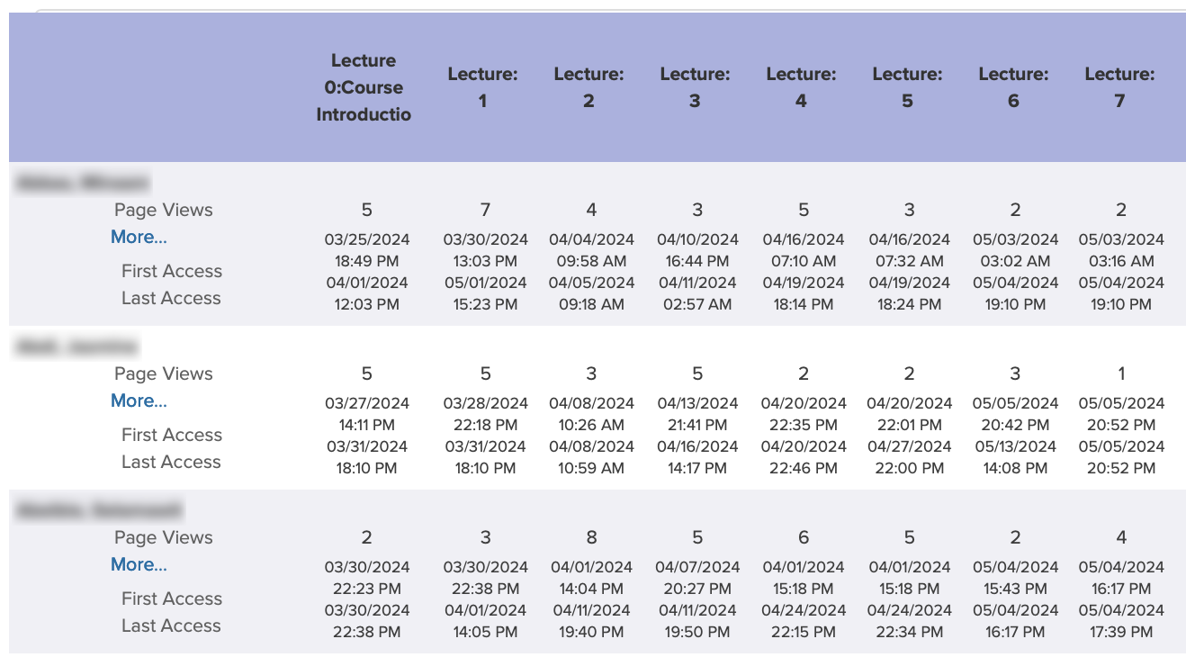 Screenshot of Access of Individual Course Pages by Each Student report