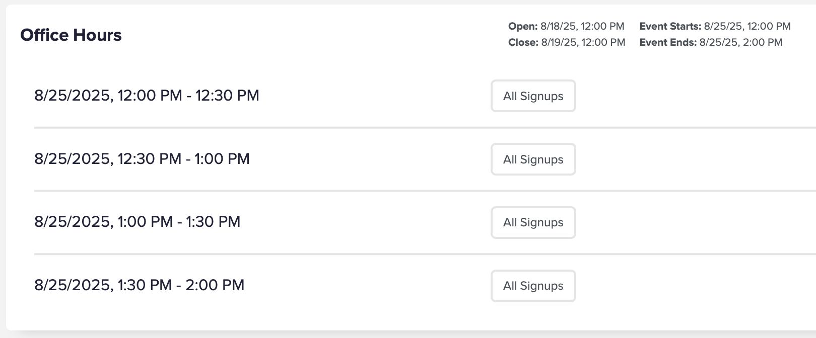 Screenshot of time slot-based signup sheet