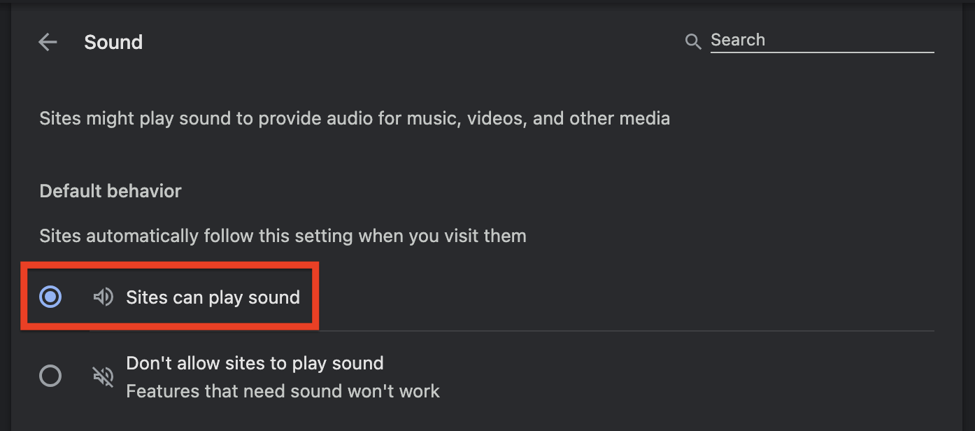 Screenshot of Sites can play sound setting in Chrome