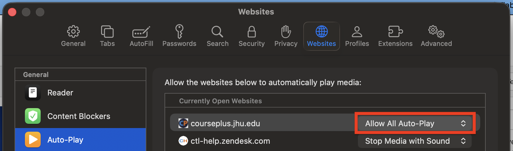 Screenshot of Allow All Auto-Play setting in Safari