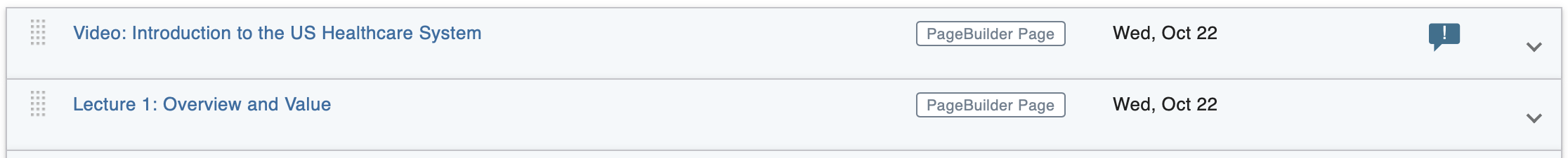 Screenshot of Schedule Builder showing a blue text bubble icon next to an event with ID notes.