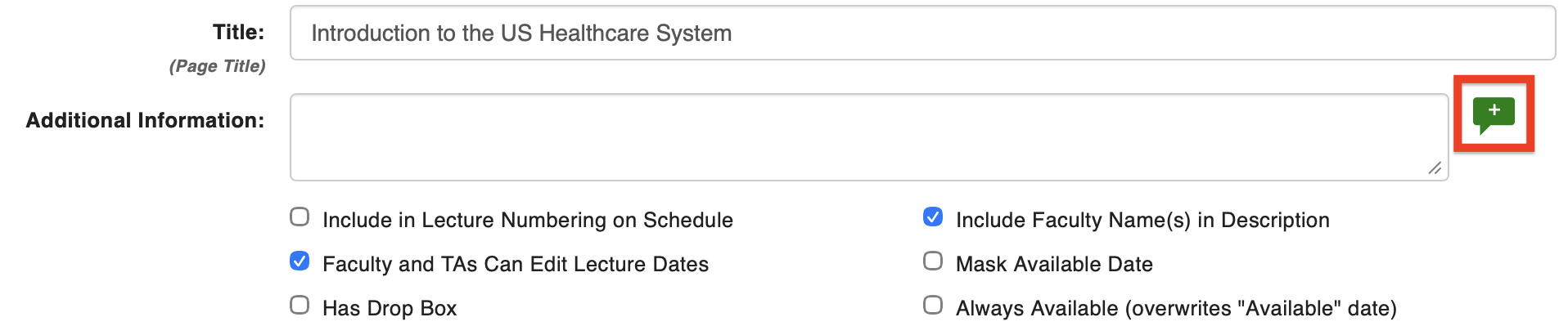 Screenshot of Schedule Builder highlighting the Instructional Design Notes button, indicated by a green text bubble.
