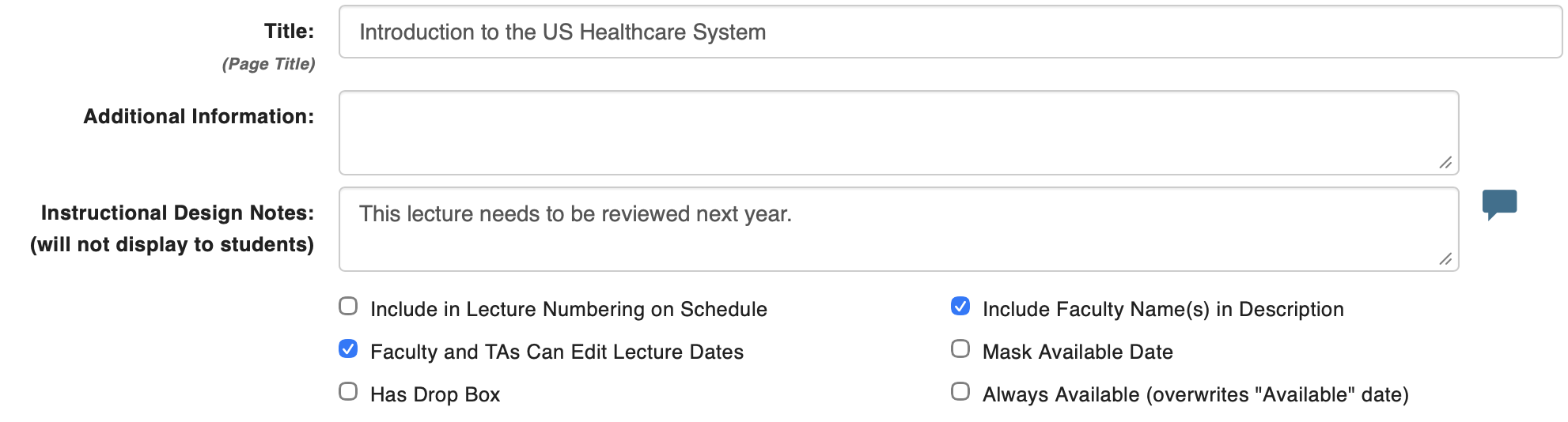 Screenshot of Schedule Builder showing the expanded Instructional Design Notes text box.