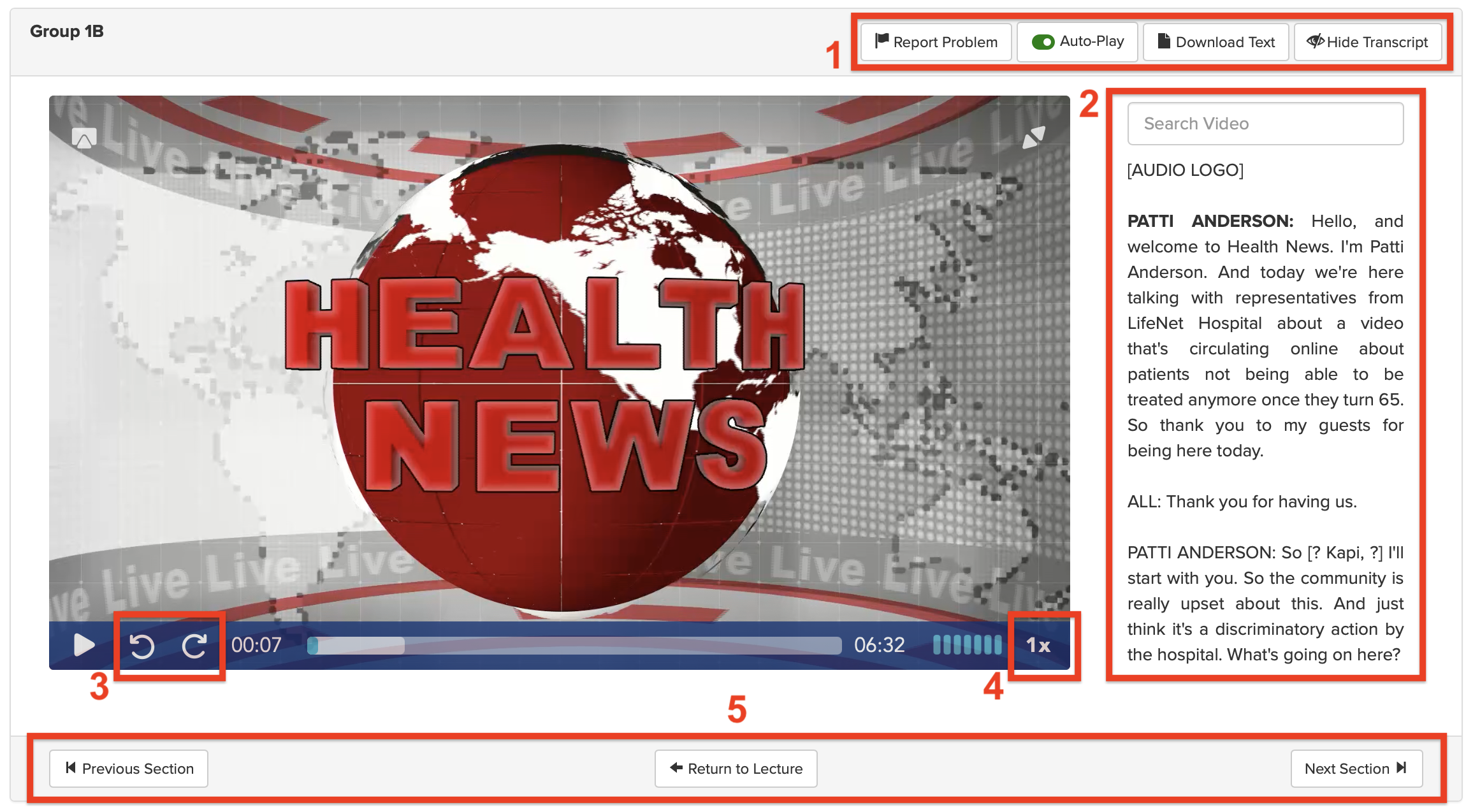 Screenshot of CoursePlus video player, highlighting the button, transcript, and search bar components