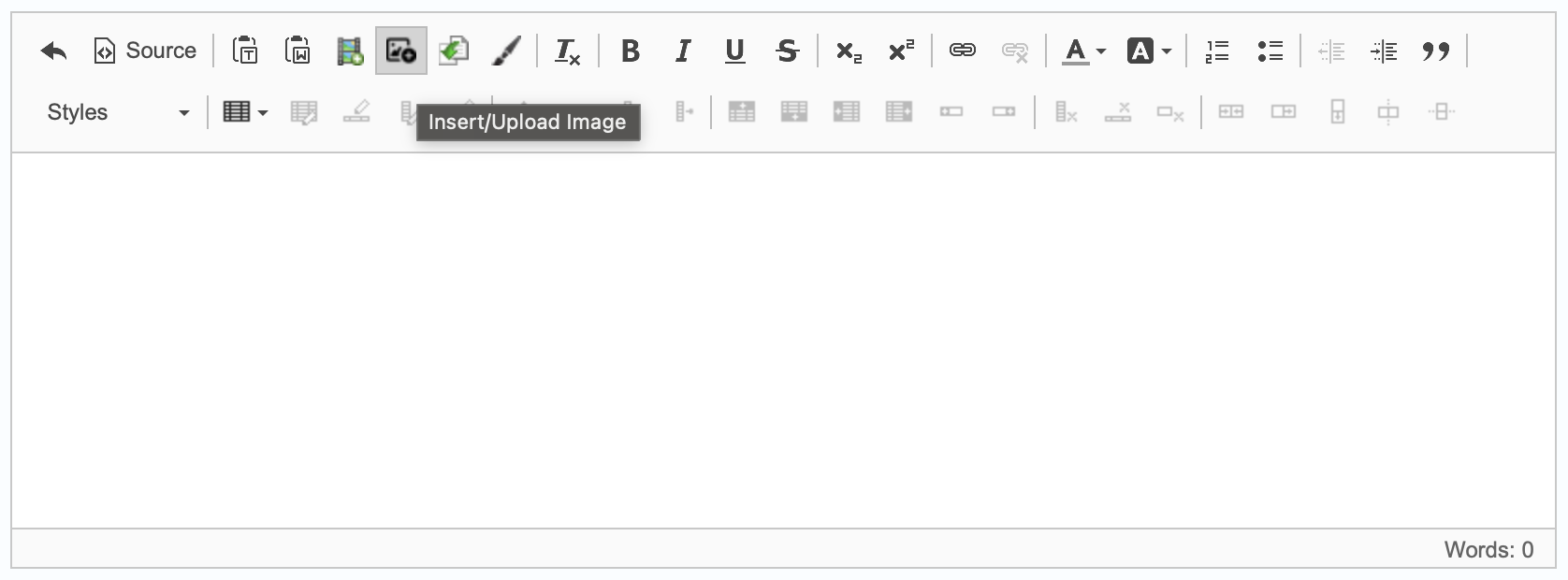 Screenshot highlighting the Insert/Upload Image button in the rich text editor, indicated by a photo icon