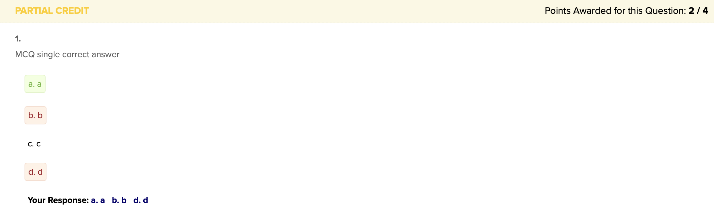 Screenshot of graded question, showing student awarded partial credit of 2/4 points