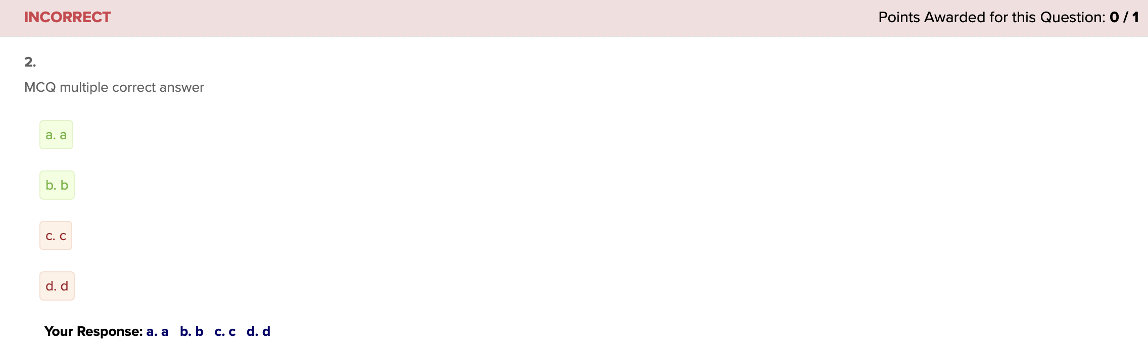 Screenshot of graded question, showing student awarded no credit