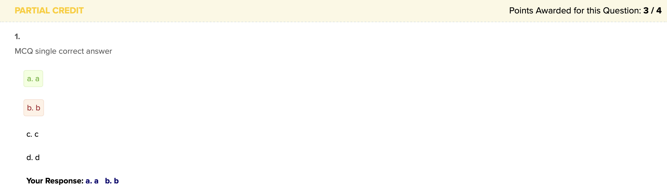 Screenshot of graded question, showing student awarded partial credit of 3/4 points