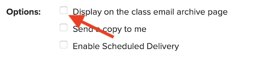 Arrow pointing to checkbox for displaying on the class email archive page
