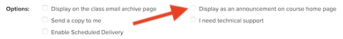 Screenshot of the checkbox for displaying as an announcement on course home page