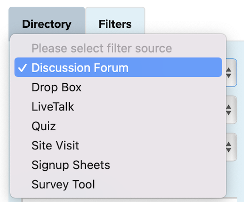 Screenshot of the different filter options, with Discussion Forum highlighted