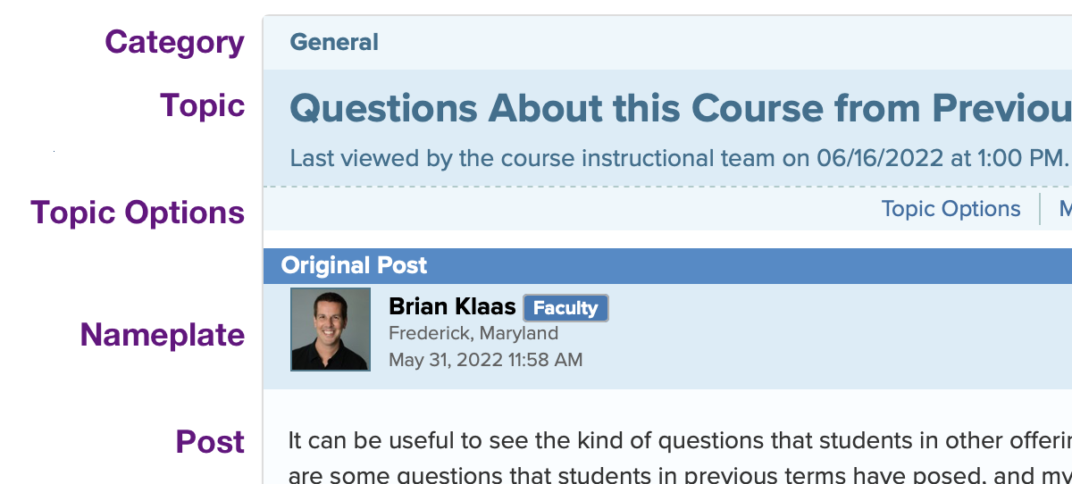 Screenshot labeling the topic view with Category, Topic, Topic Options, Nameplate, and Post
