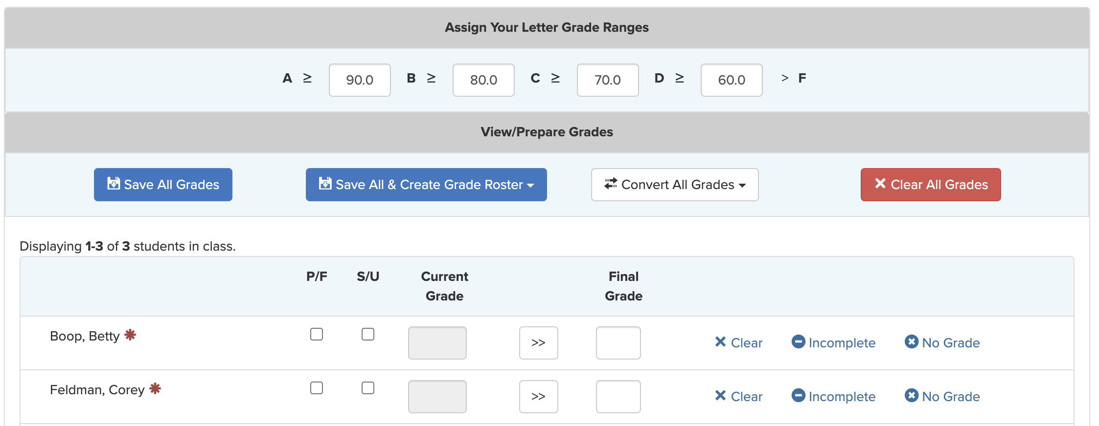 Overview of different options within the page for viewing current and final grades