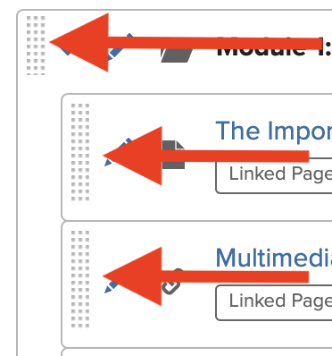 Screenshot with arrows pointing to different drag handles in folder hierarchy