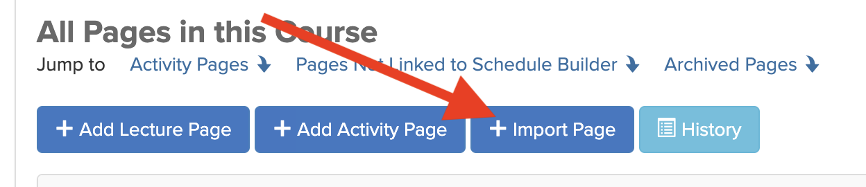 Screenshot with arrow pointing to Import Page button