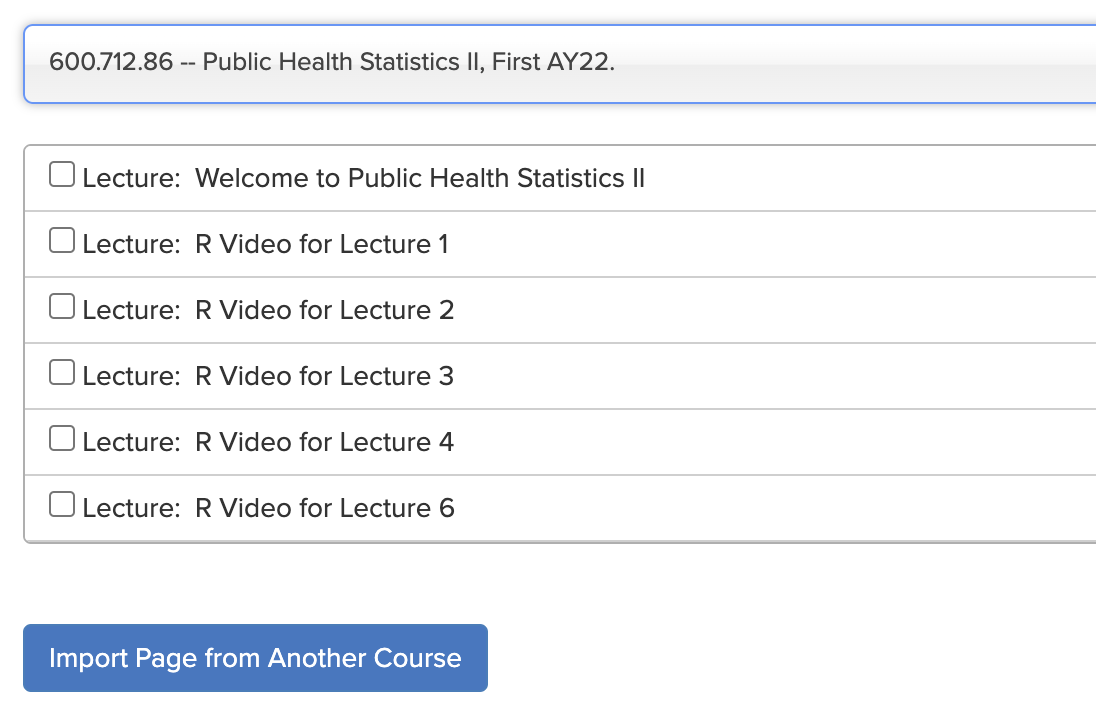 Screenshot with selected course and sample list of associated pages beneath it