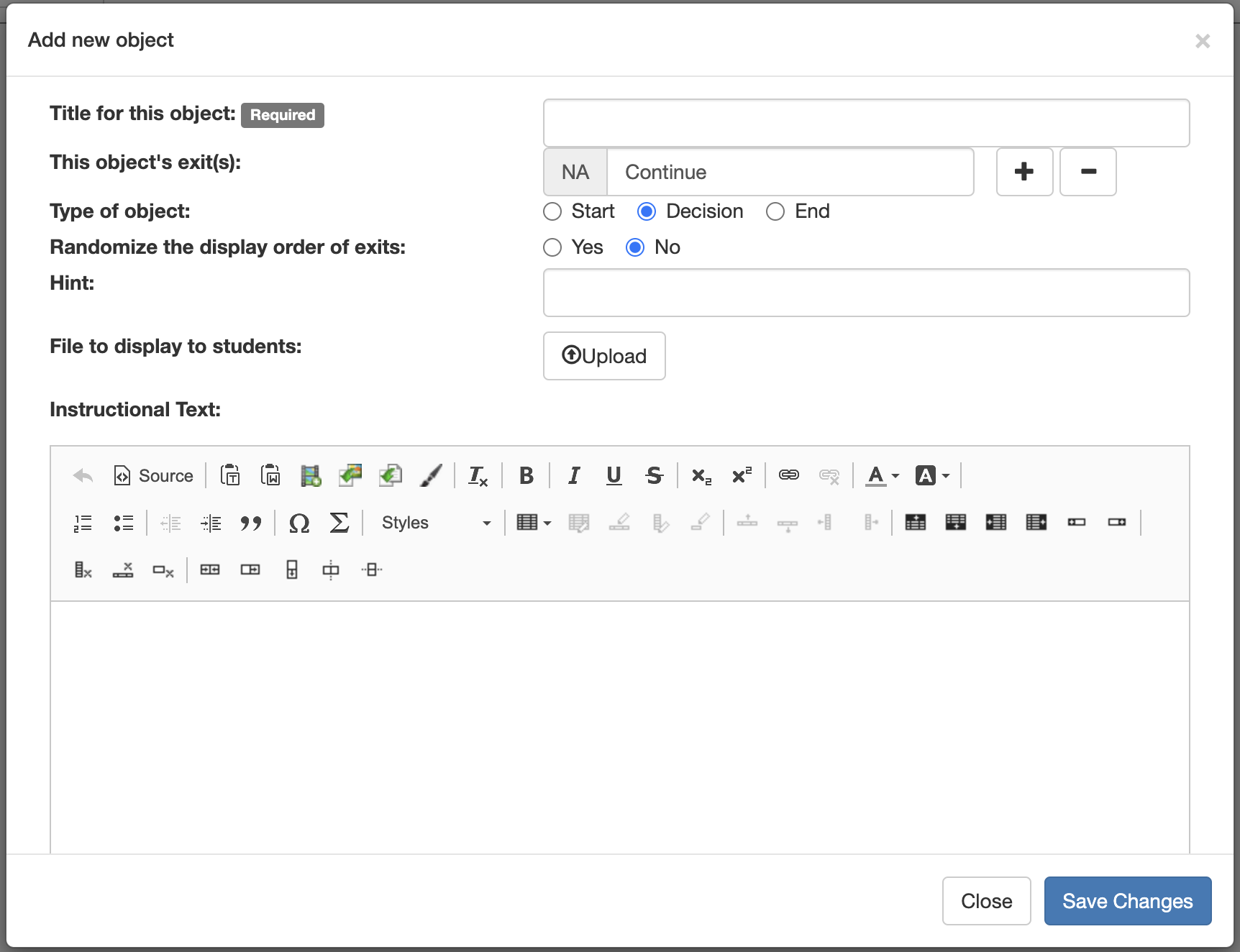 Screenshot of the Add new object form