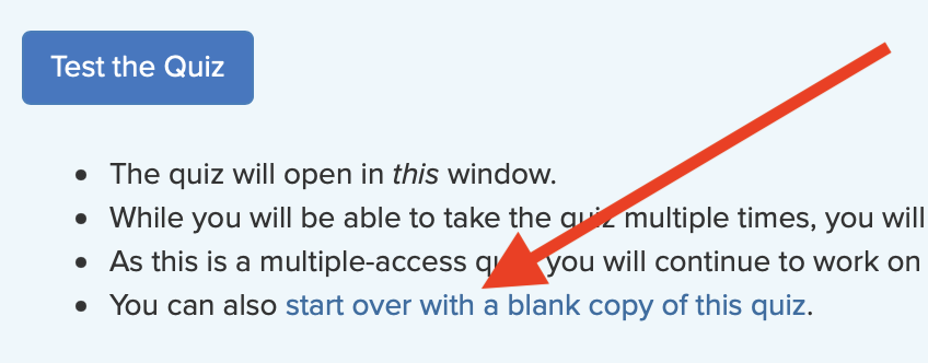 Screenshot with arrow pointing to link that reads Start over with a blank copy of this quiz