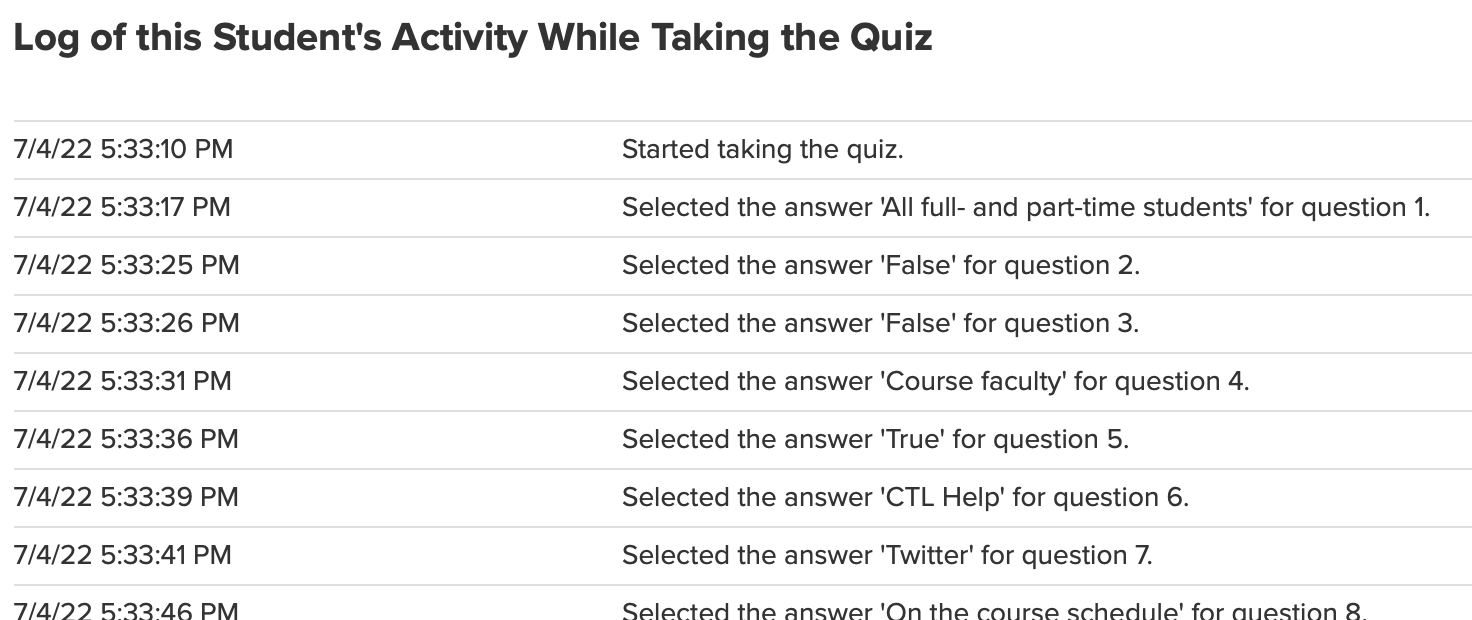 Example log of student activity, including time stamps on left and activity on right