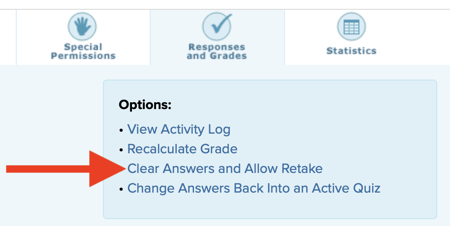 Screenshot with arrow pointing to Clear Answers and Allow Retake link