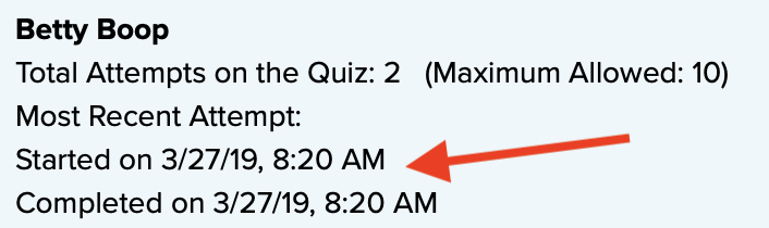 Screenshot with arrow pointing to start and completion time stamps