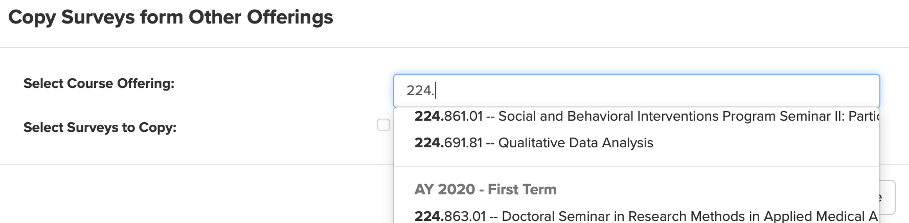 Screenshot showing typing of numbers in the box and courses displaying beneath