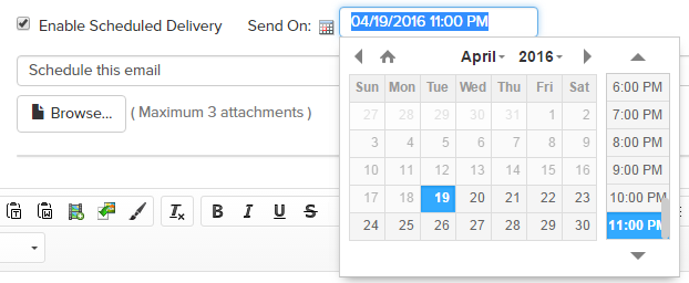 Screenshot showing ability to choose date and time for scheduled delivery, April 19 at 11 P.M. in this case