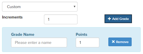 Screenshot showing the different options for custom grades, such as increments, grade name, and points