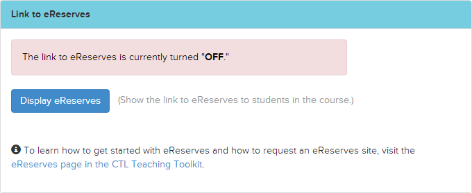 Screenshot showing that link to eReserves is off but can be turned on with Display Reserves button beneath