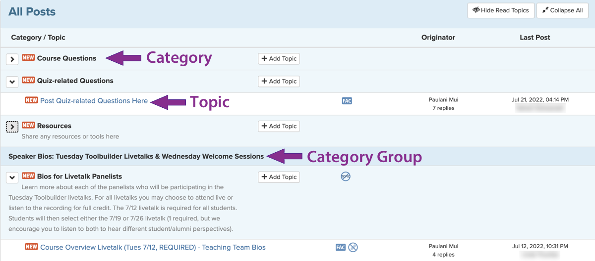Screenshot of home view, with arrows pointing to the hierarchy of categories, topics, and category groups